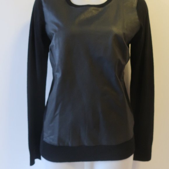 Womens DKNY Black Label Black Mixed Media Wool Leather Sweater M * - Picture 5 of 10
